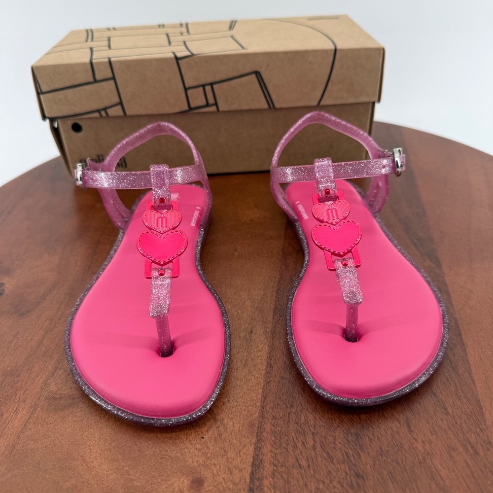Mini Melissa Solar Scented Glitter Pink Heart T-Strap Jelly Sandals Kids USA 12 - Picture 5 of 10